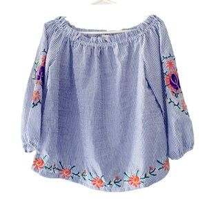 Striped 3/4 Sleeves, Embroidery Top by Solitare, Large